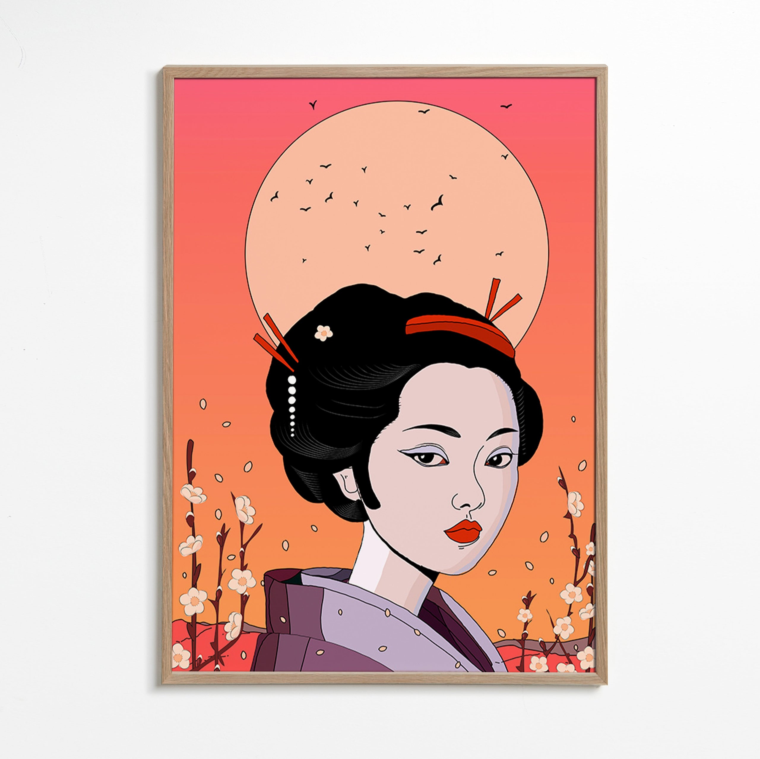 Ilustrace gejši při korálovém západu – Oak Frame