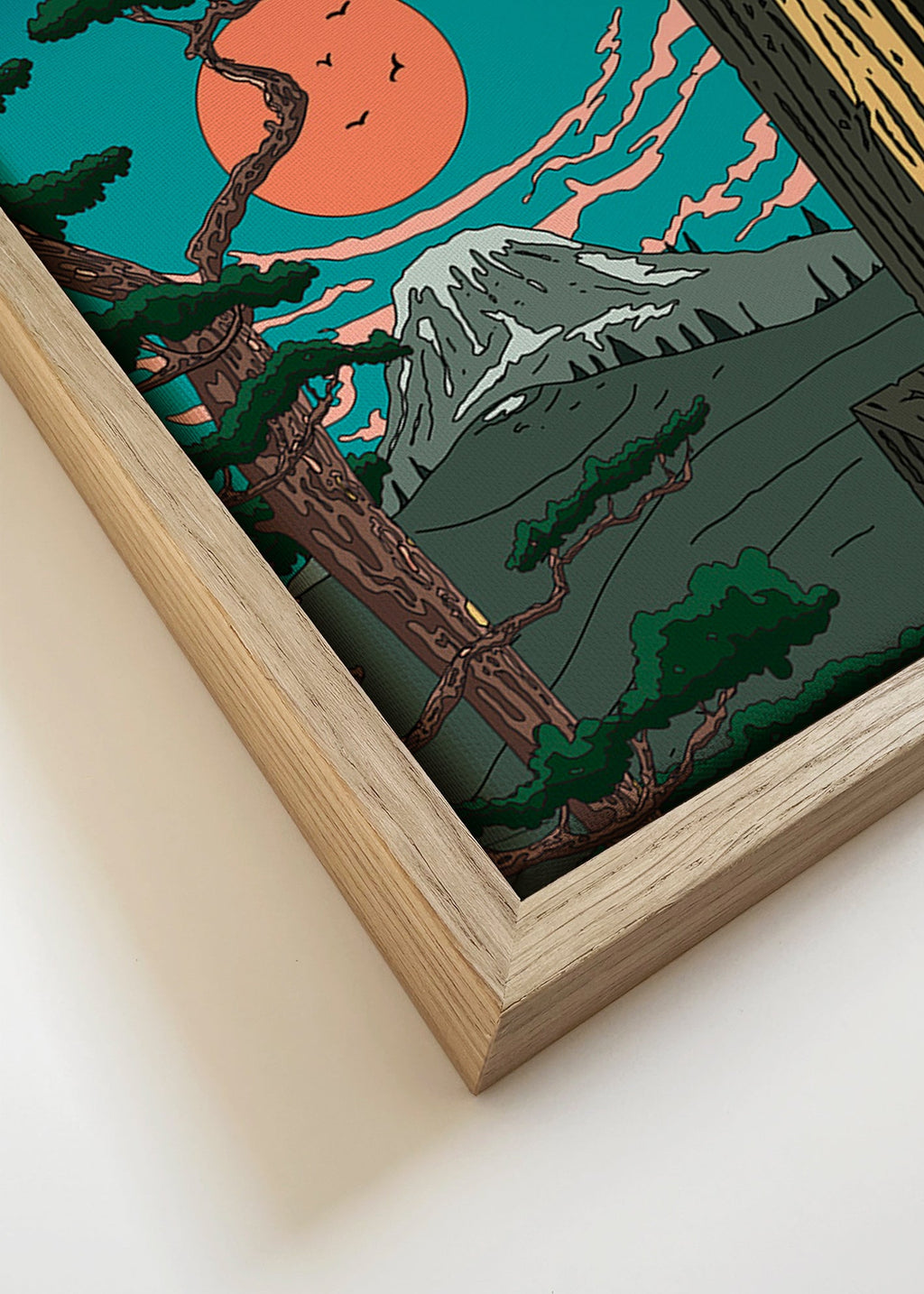 Obraz krajiny se šiškou a horou při západu slunce – Canvas detail