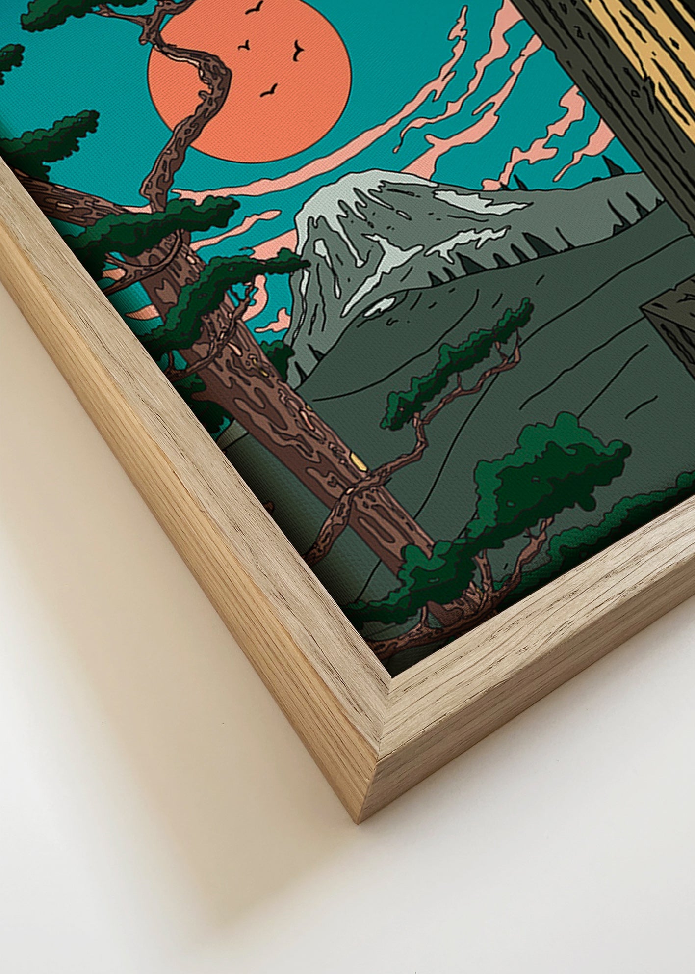 Obraz krajiny se šiškou a horou při západu slunce – Canvas detail