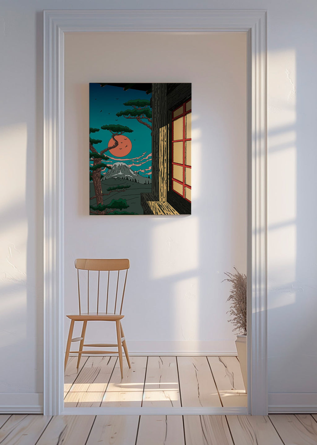 Obraz krajiny se šiškou a horou při západu slunce – Canvas