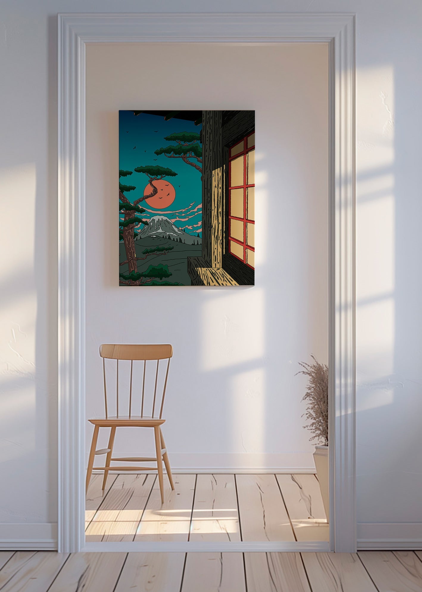 Obraz krajiny se šiškou a horou při západu slunce – Canvas