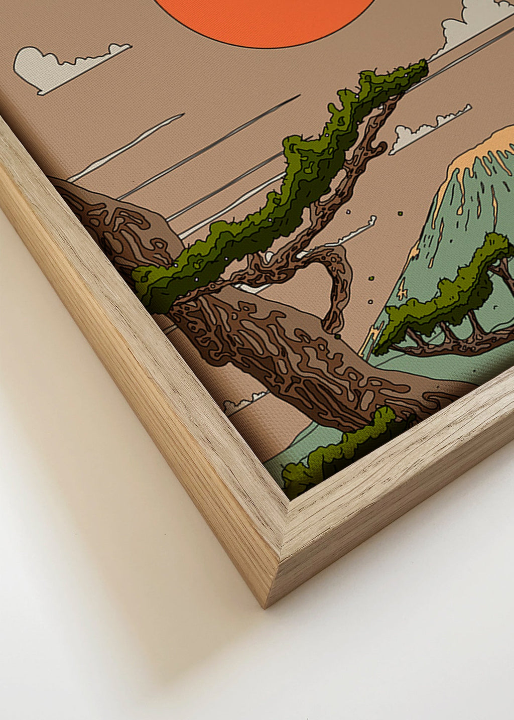 Obraz krajiny s oranžovým sluncem a stylizovanými borovicemi – Canvas detail