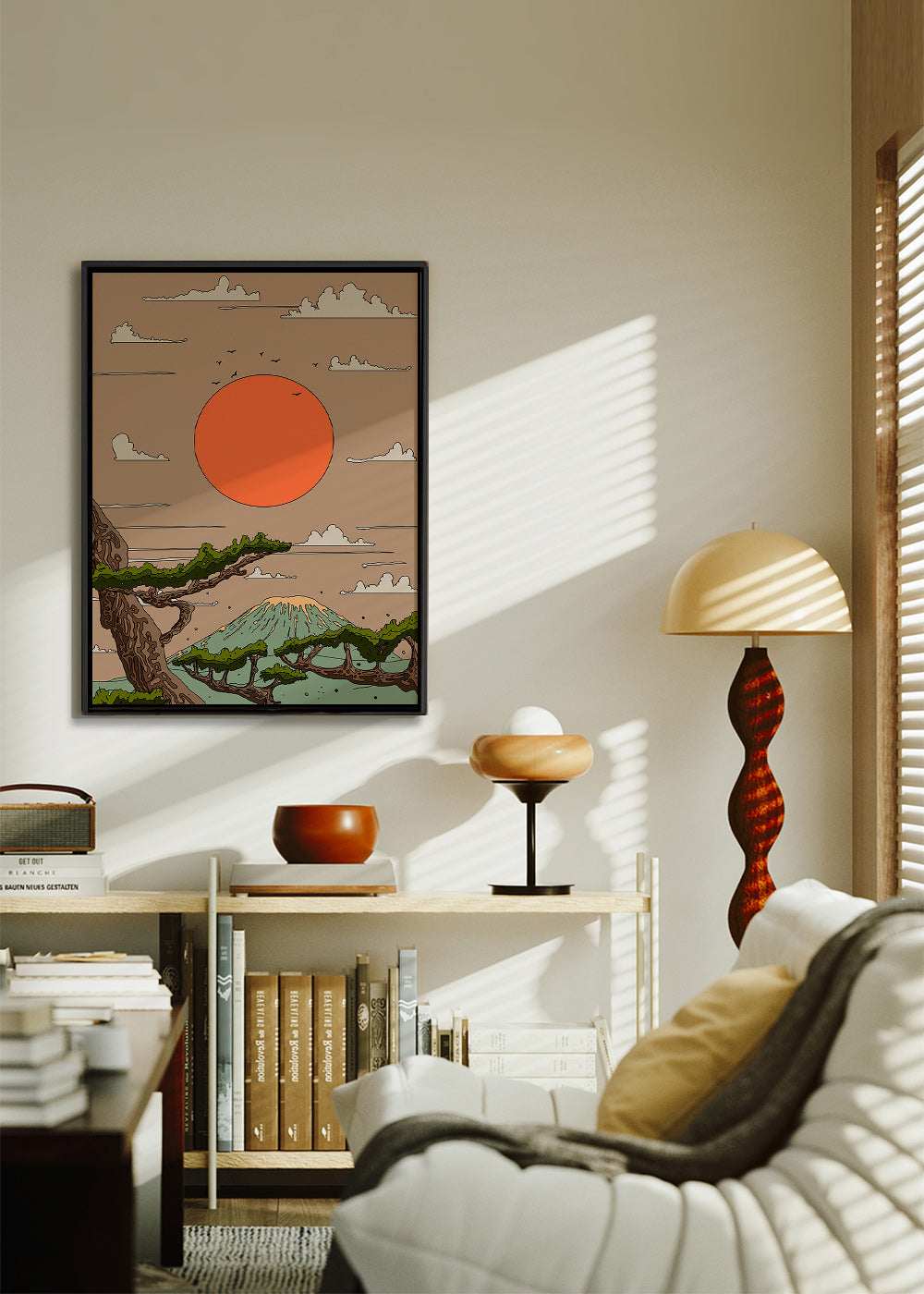 Obraz krajiny s oranžovým sluncem a stylizovanými borovicemi – Canvas1