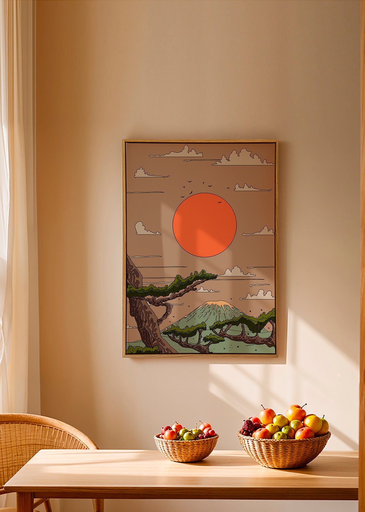Obraz krajiny s oranžovým sluncem a stylizovanými borovicemi – Canvas2