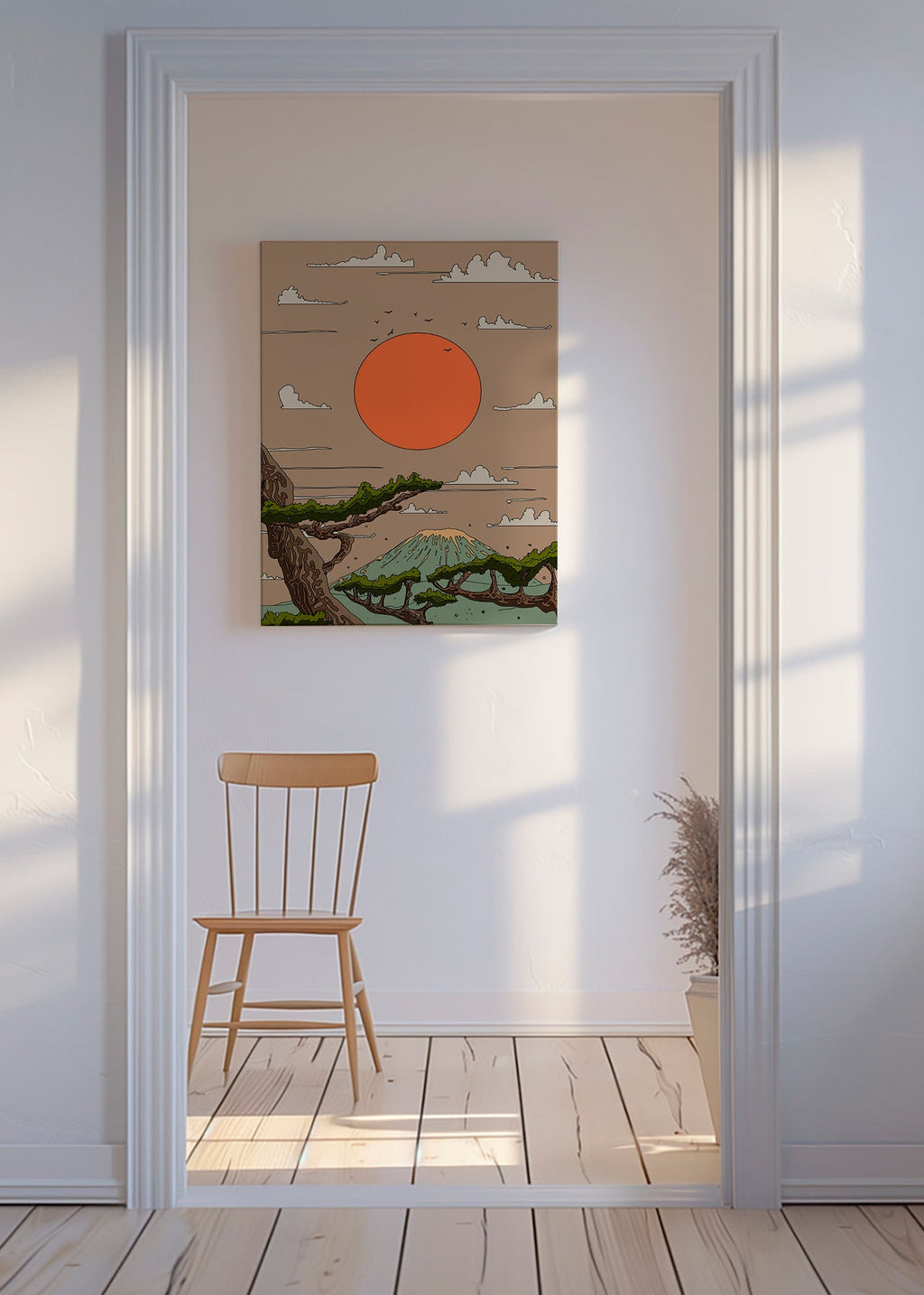 Obraz krajiny s oranžovým sluncem a stylizovanými borovicemi – Canvas