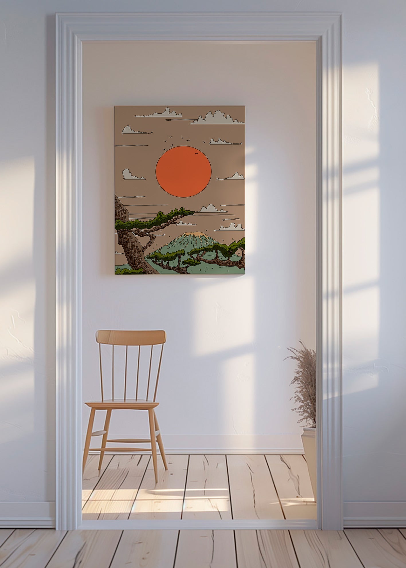 Obraz krajiny s oranžovým sluncem a stylizovanými borovicemi – Canvas