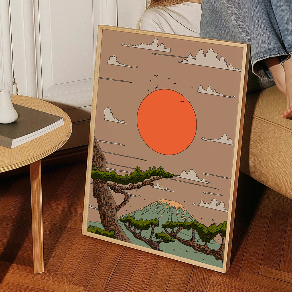 Obraz krajiny s oranžovým sluncem a stylizovanými borovicemi – Product2