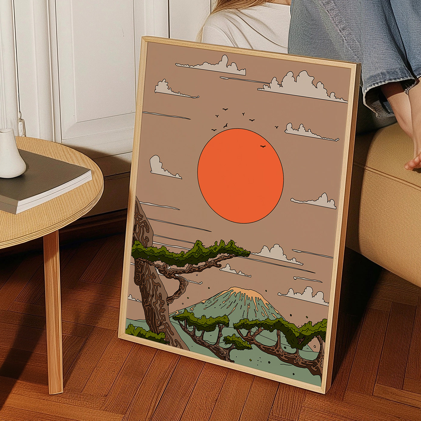 Obraz krajiny s oranžovým sluncem a stylizovanými borovicemi – Product2