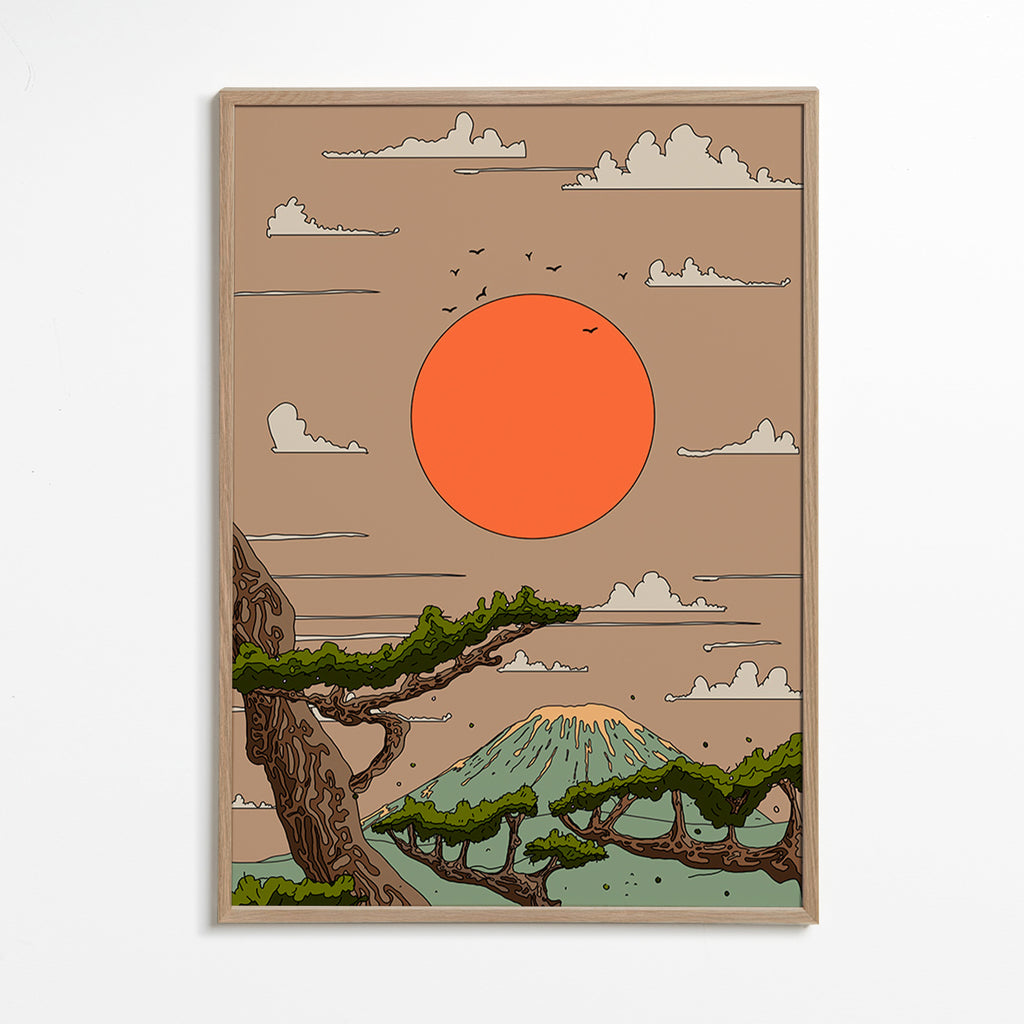 Obraz krajiny s oranžovým sluncem a stylizovanými borovicemi – Oak Frame