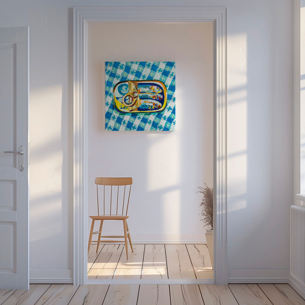 Obraz do kuchyně: konzerva sardinek na kostkovaném ubrusu – Canvas