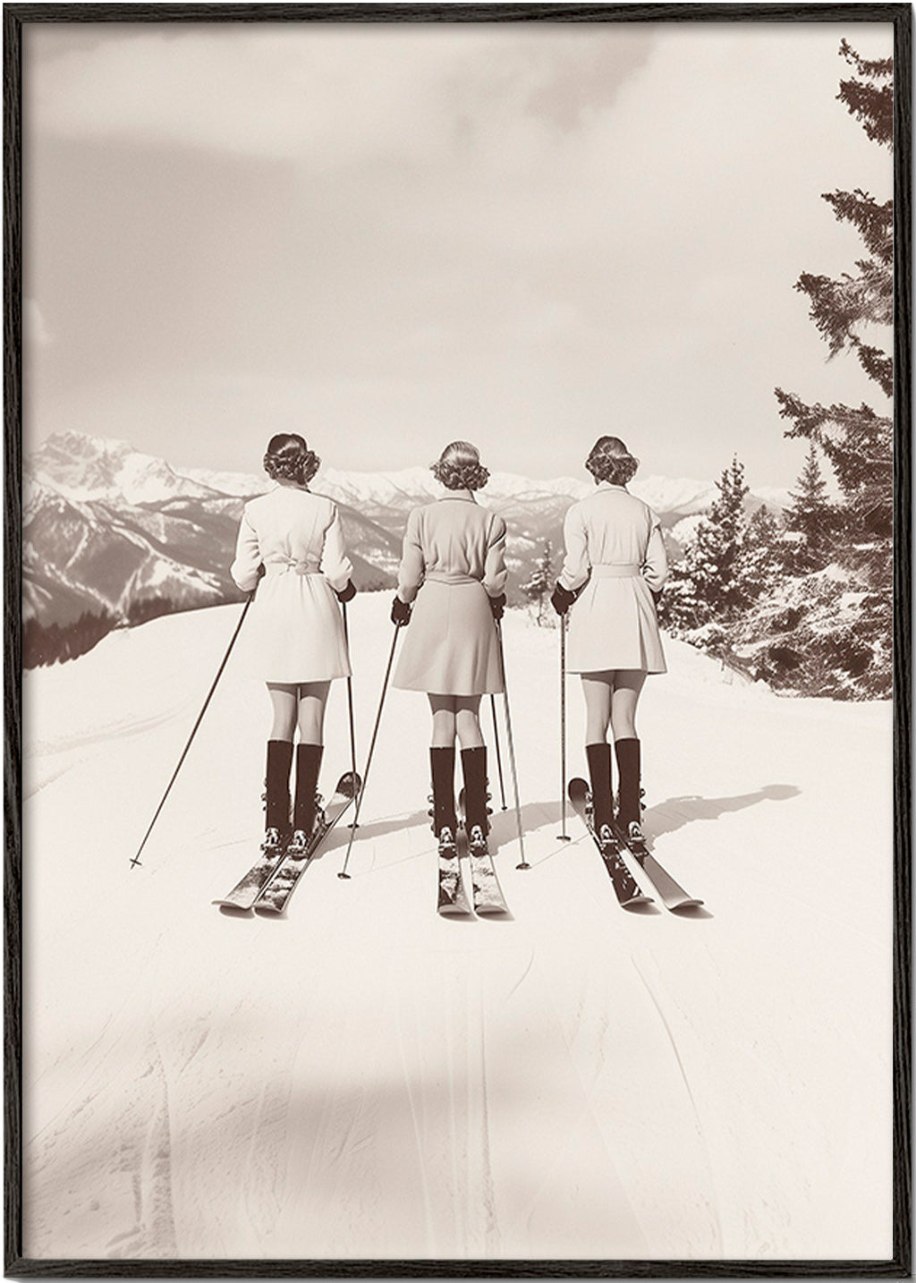 Vintage plakát: lyžařky v řadě – Black Frame