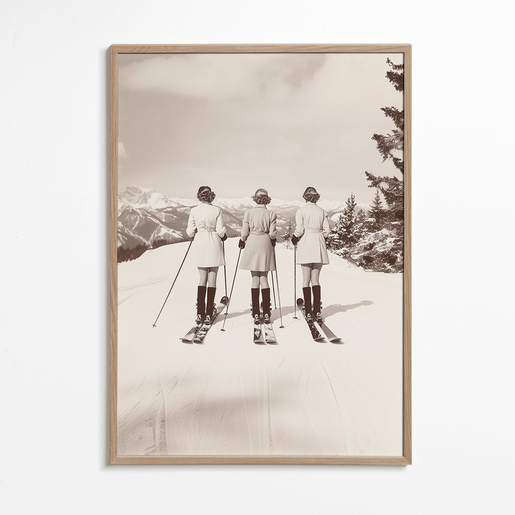 Vintage plakát: lyžařky v řadě – Oak Frame