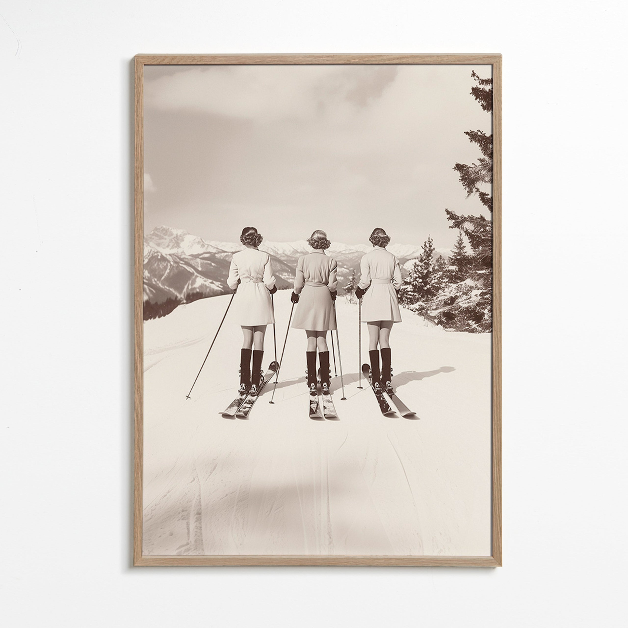 Vintage plakát: lyžařky v řadě – Oak Frame