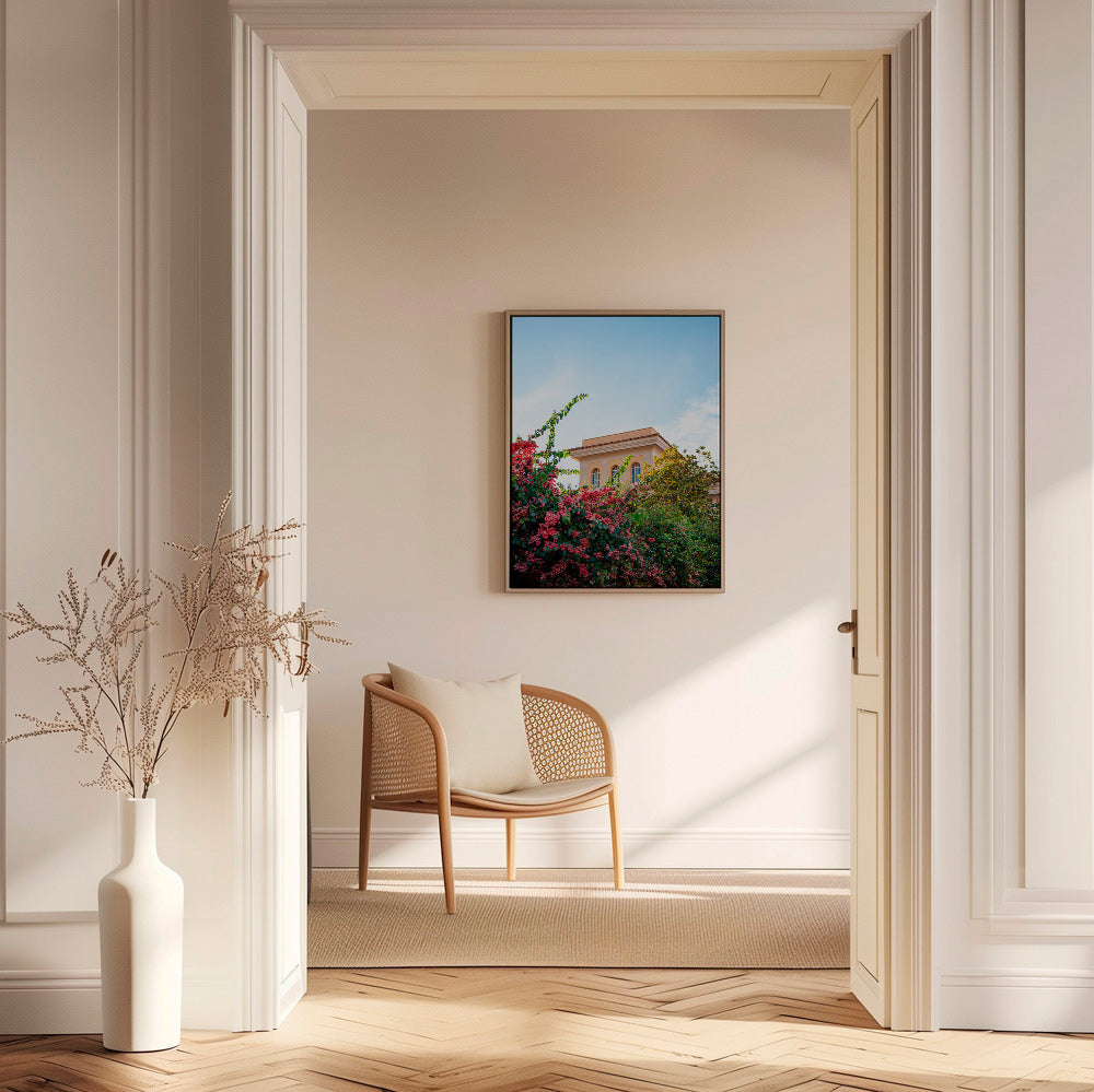 Botanický plakát s fasádou Amalfi a buganvileou – Canvas1