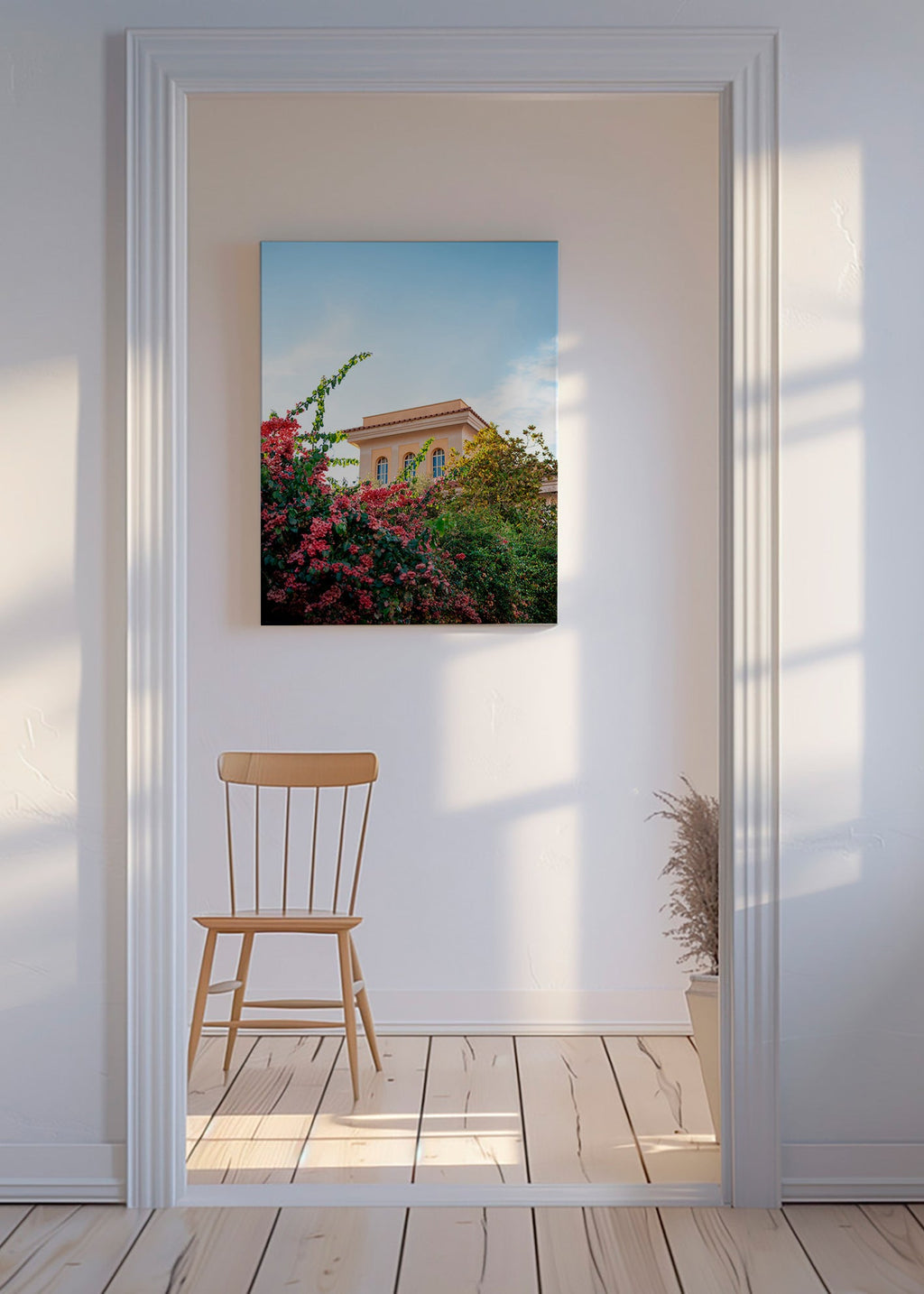 Botanický plakát s fasádou Amalfi a buganvileou – Canvas