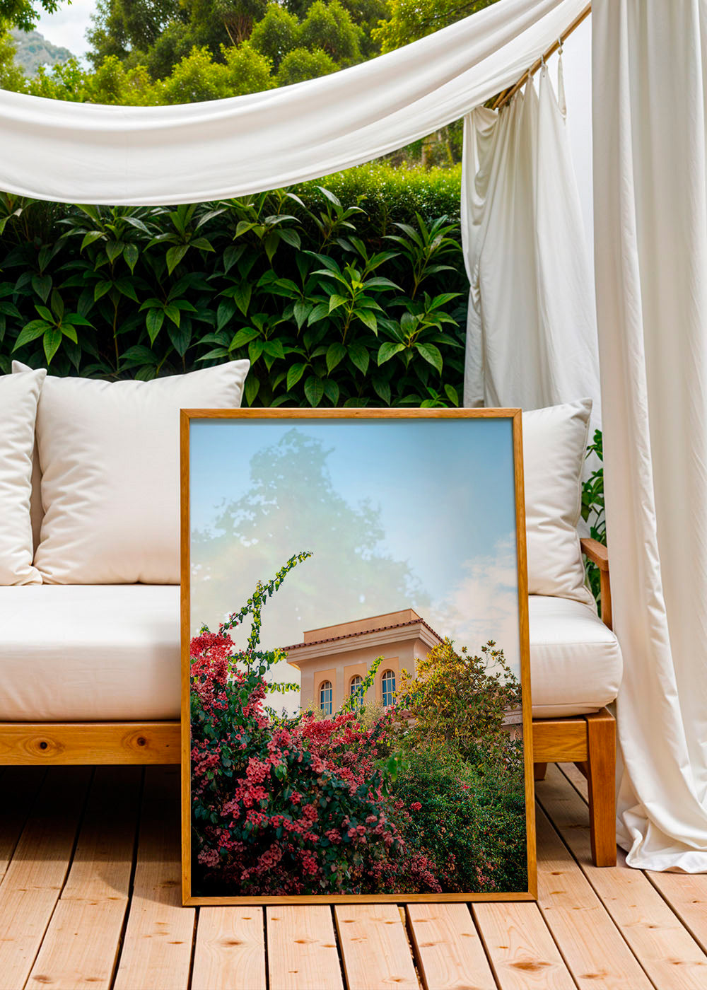 Botanický plakát s fasádou Amalfi a buganvileou – Product1