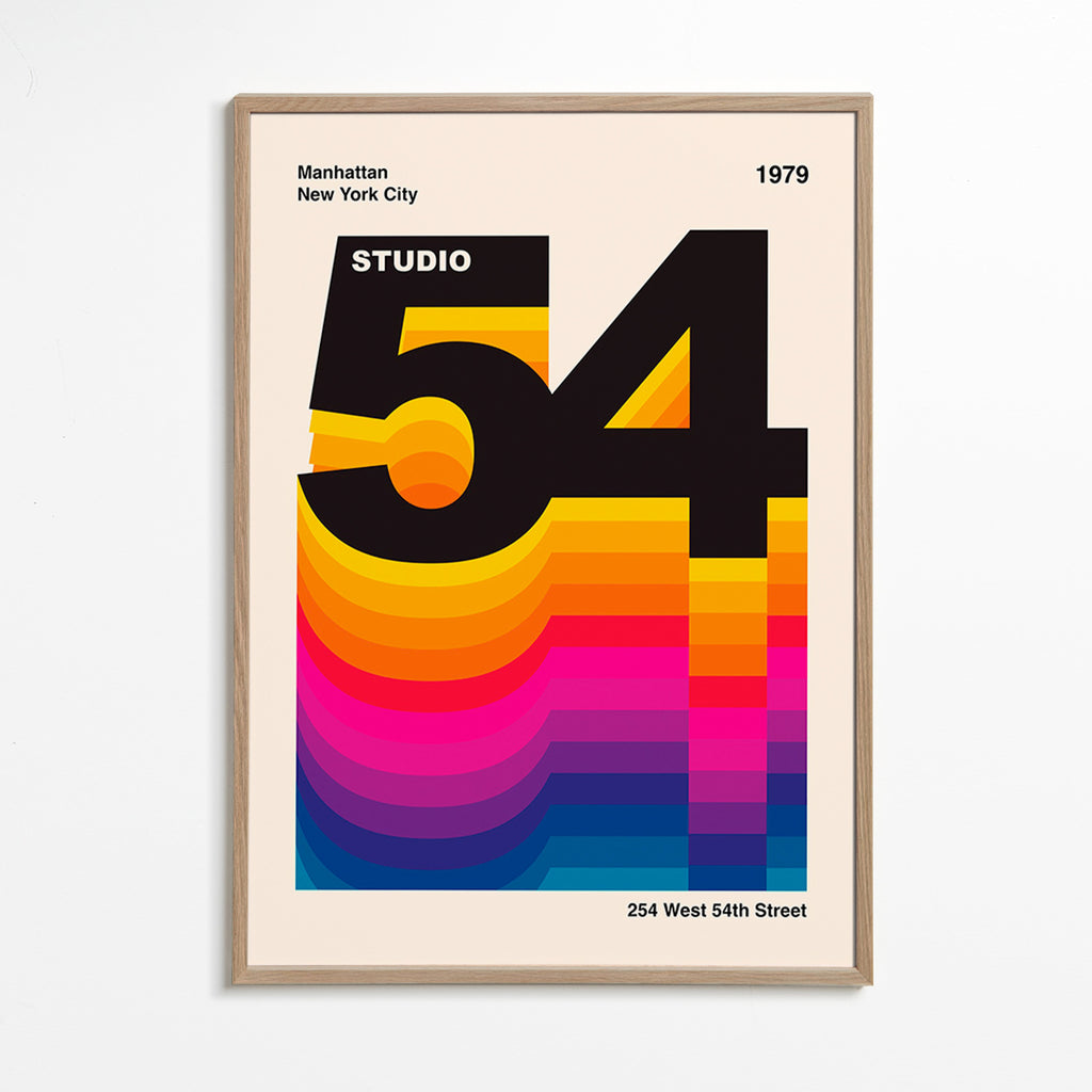Vintage tisk Studio 54 s barevnými vlnami – Oak Frame