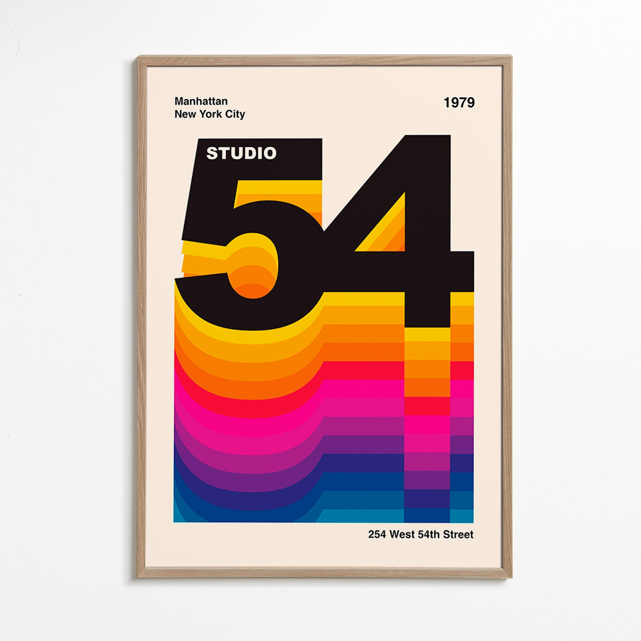 Vintage tisk Studio 54 s barevnými vlnami – Oak Frame