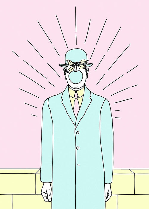 Surrealistická ilustrace muže s jablkem
