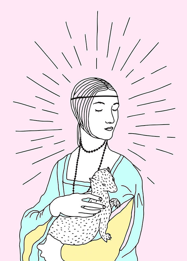 Ilustrace: dáma s hranostajem v pastelových tónech