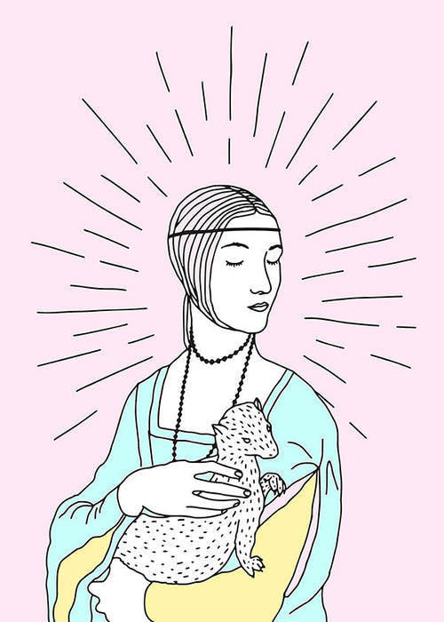 Ilustrace: dáma s hranostajem v pastelových tónech