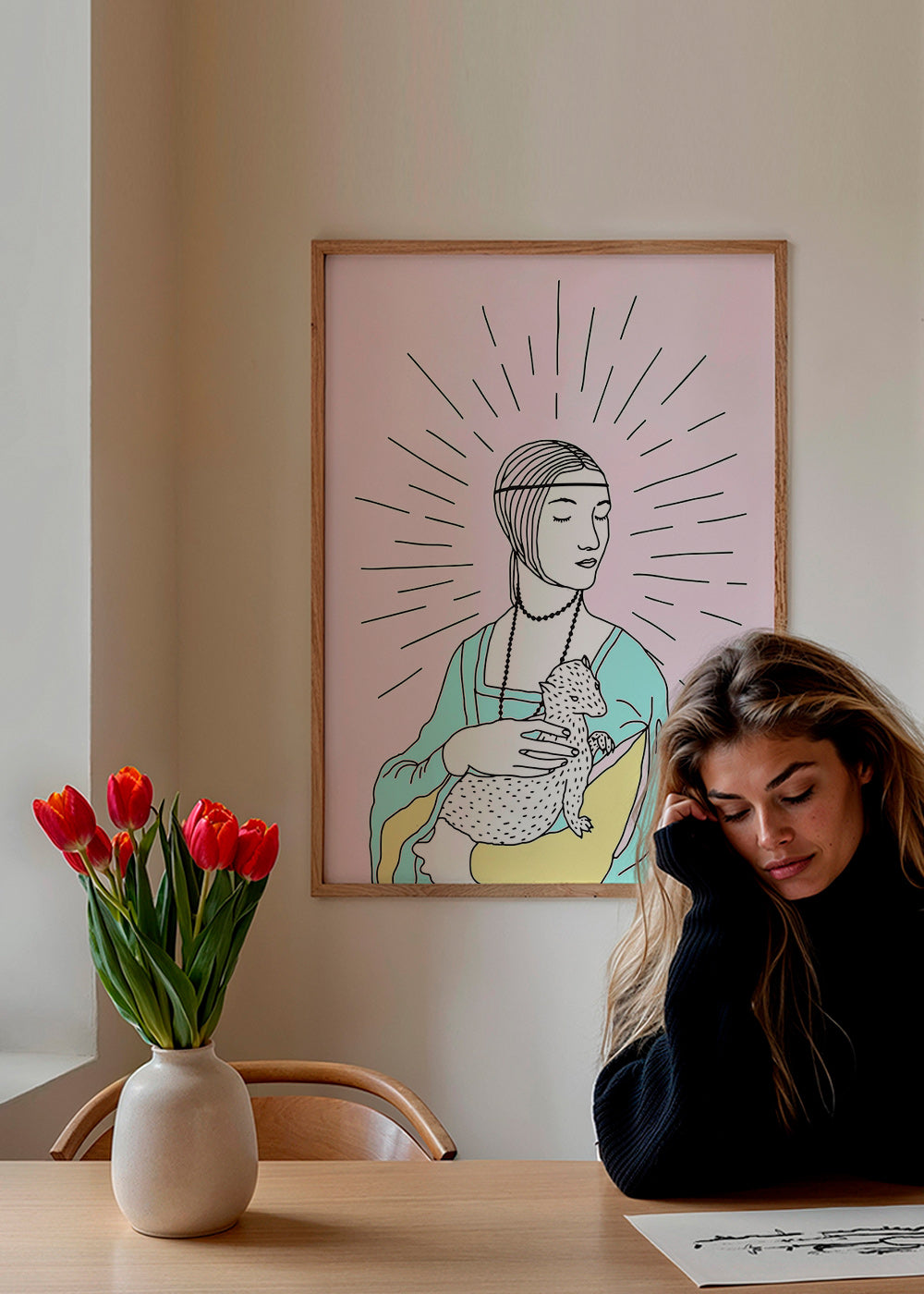 Ilustrace: dáma s hranostajem v pastelových tónech – Product1