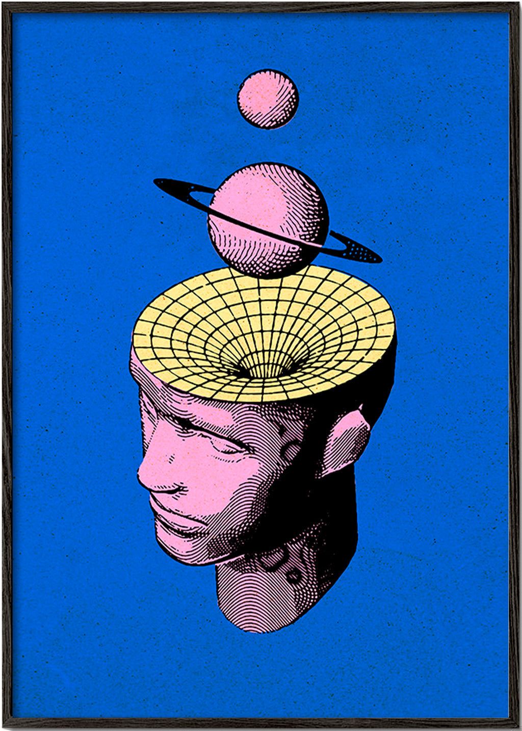 Surrealistická ilustrace hlavy s planetami – Black Frame