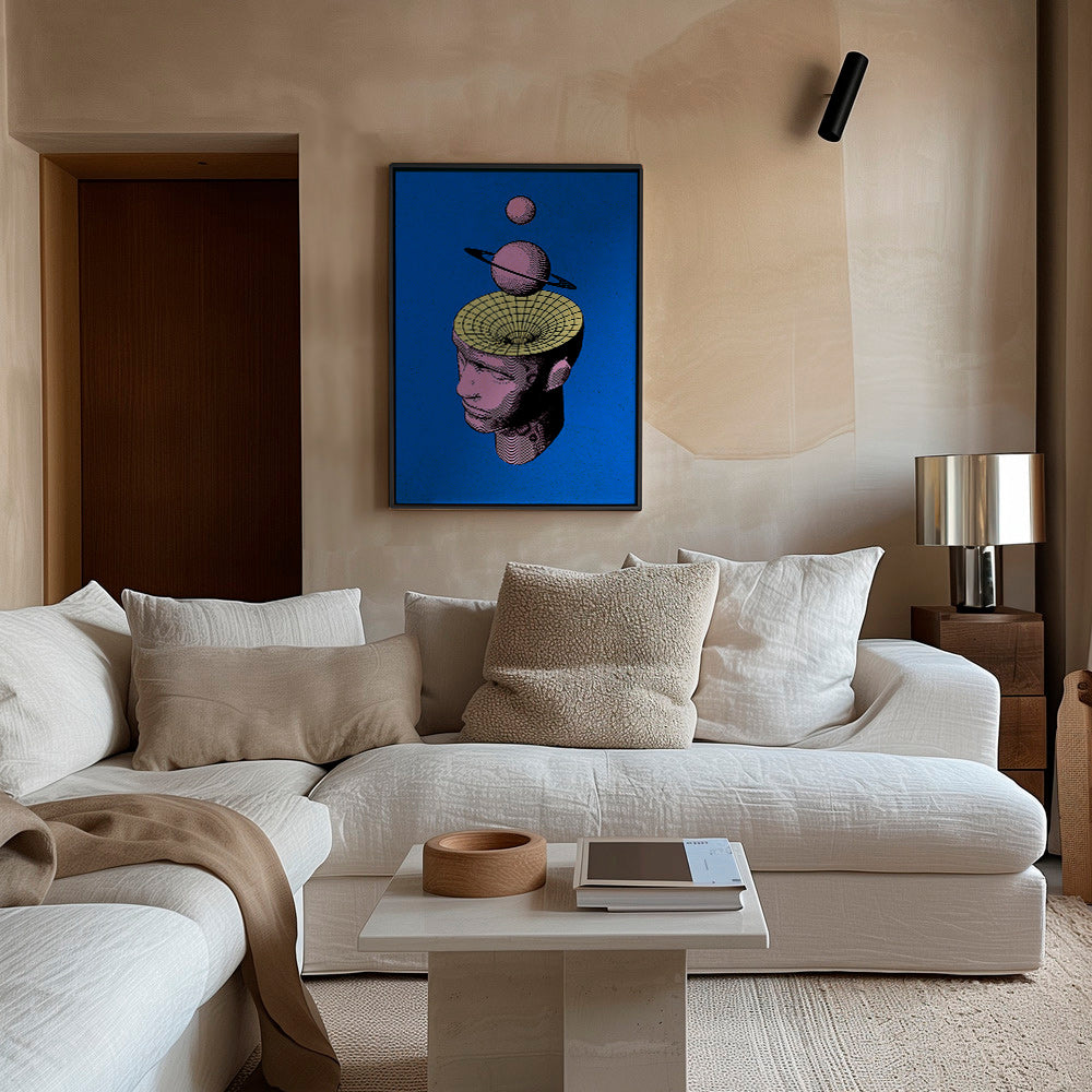 Surrealistická ilustrace hlavy s planetami – Canvas1