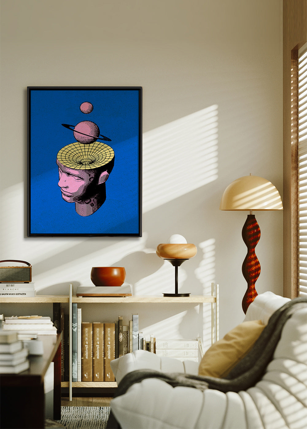 Surrealistická ilustrace hlavy s planetami – Canvas2