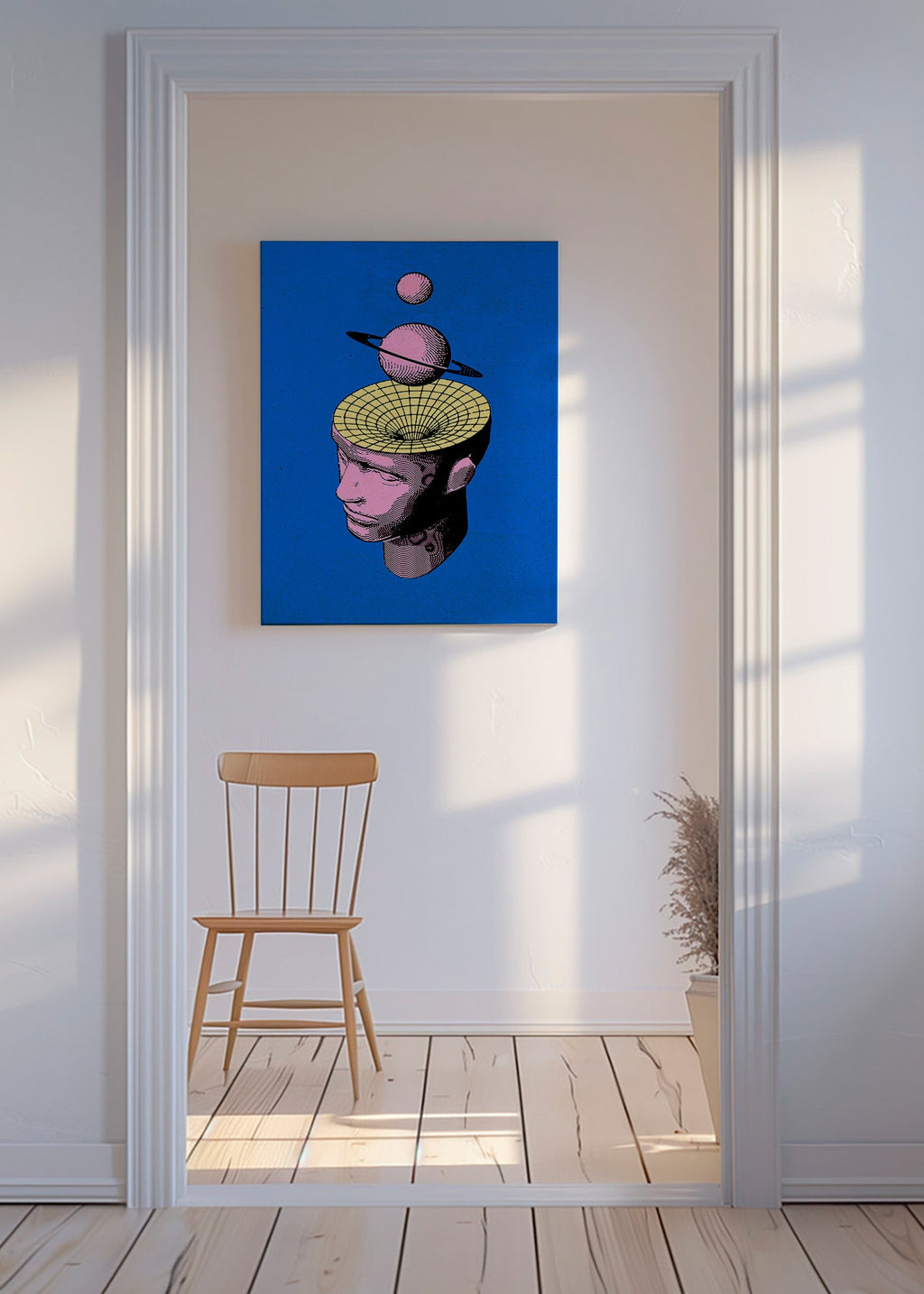 Surrealistická ilustrace hlavy s planetami – Canvas