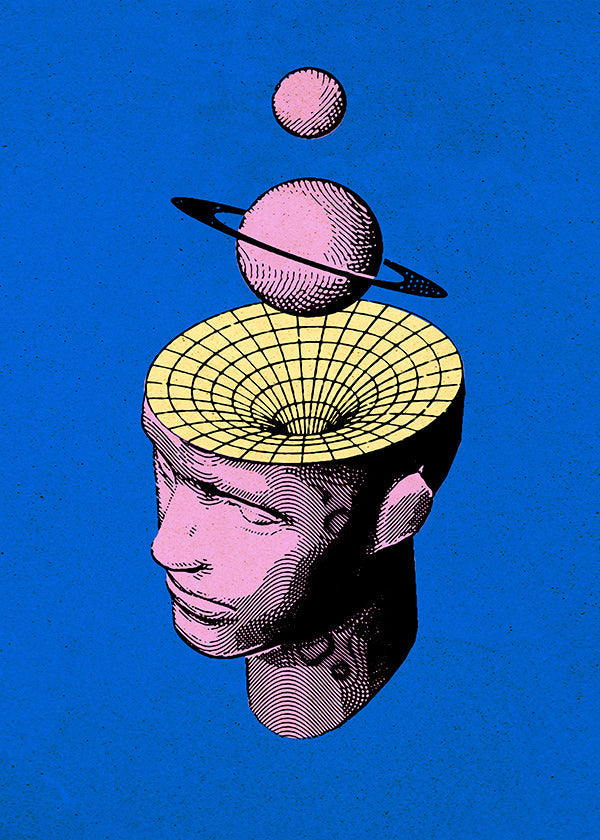 Surrealistická ilustrace hlavy s planetami