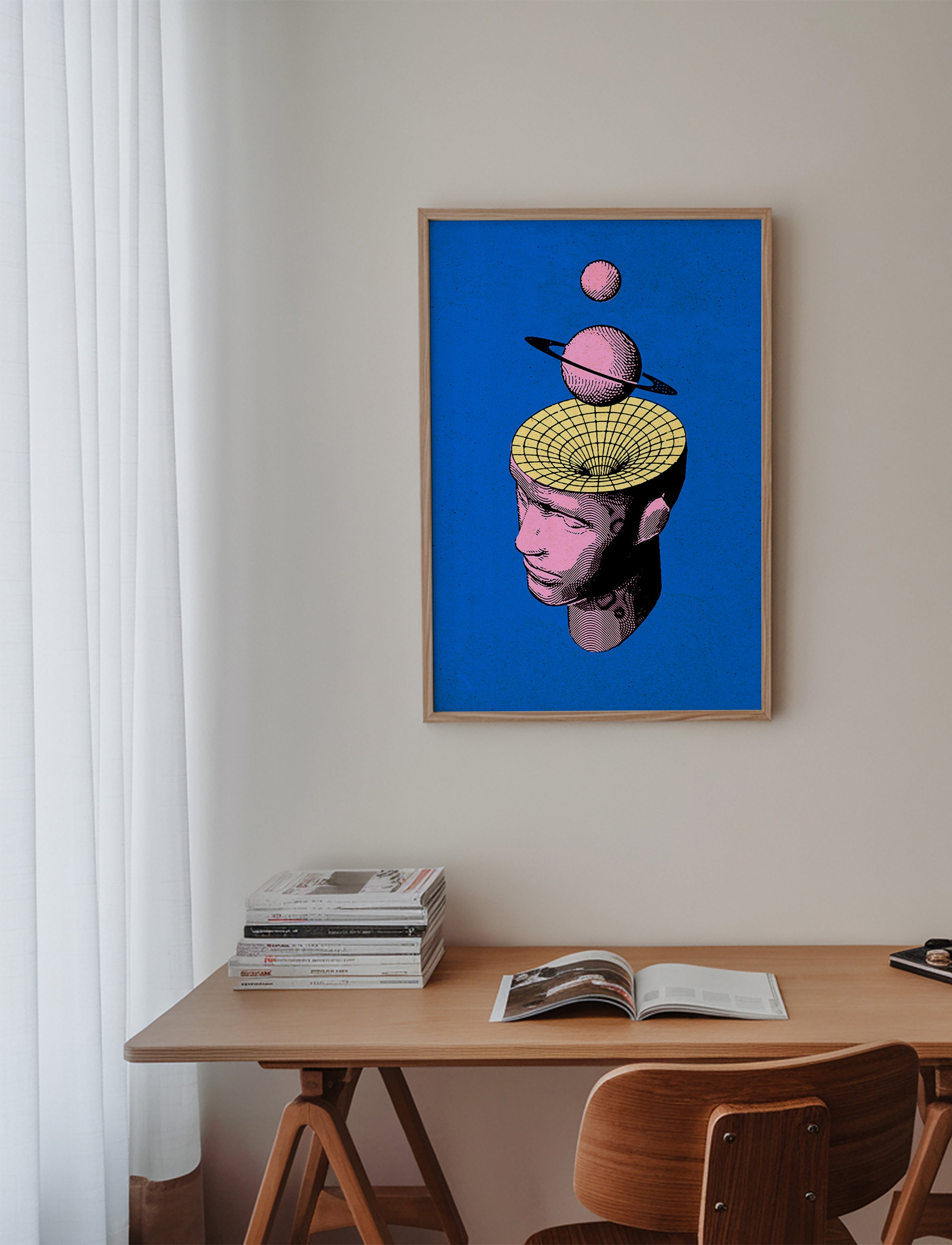 Surrealistická ilustrace hlavy s planetami – Product2