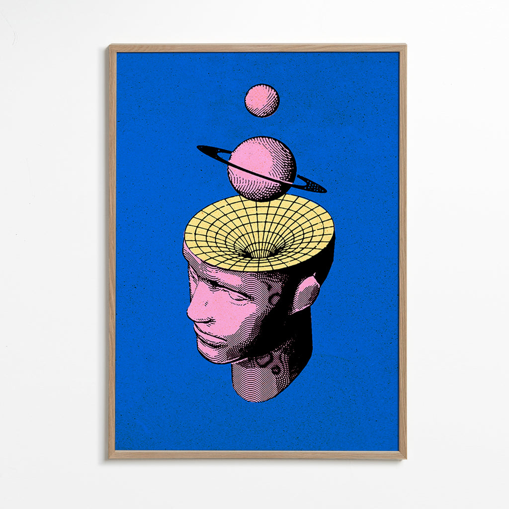 Surrealistická ilustrace hlavy s planetami – Oak Frame