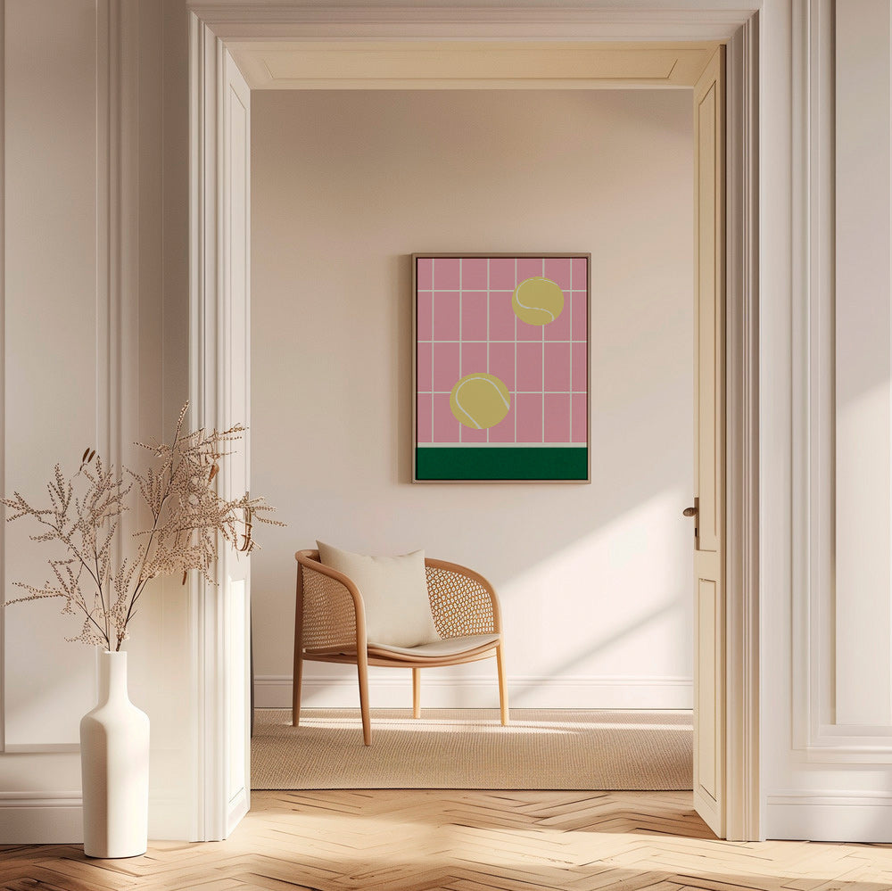 Tenisové umění: žluté míče na růžové mřížce – Canvas1