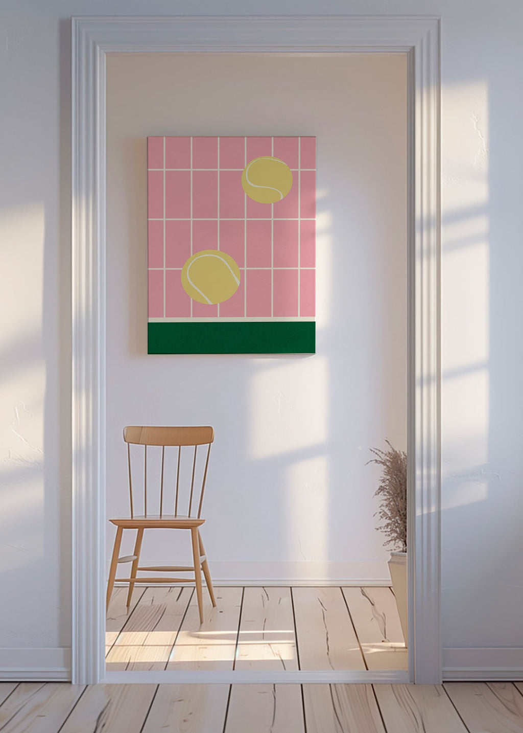 Tenisové umění: žluté míče na růžové mřížce – Canvas