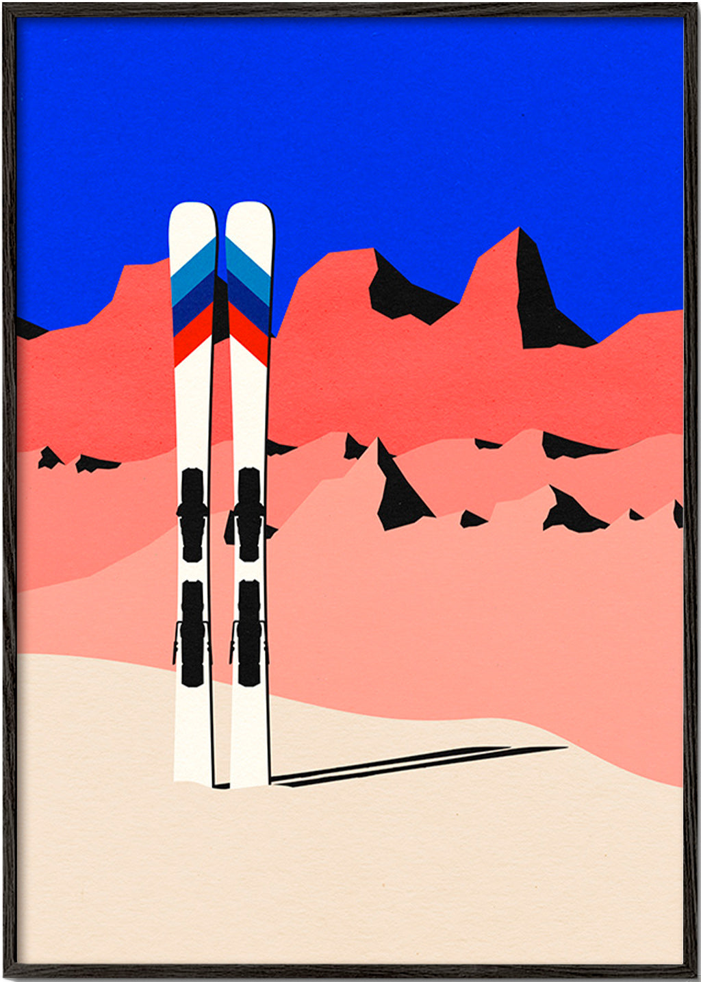 Sportovní obraz: lyže před geometrickým horským motivem – Black Frame