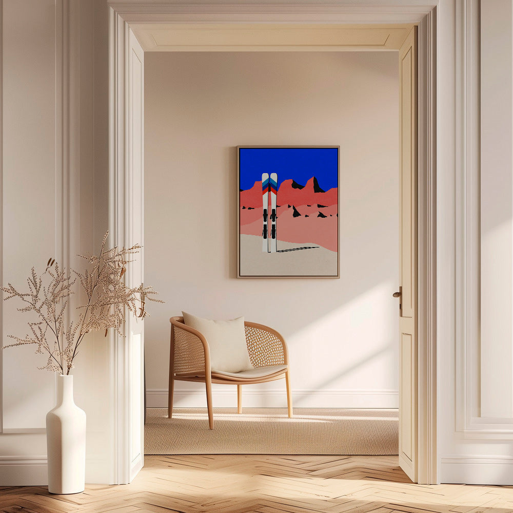 Sportovní obraz: lyže před geometrickým horským motivem – Canvas1