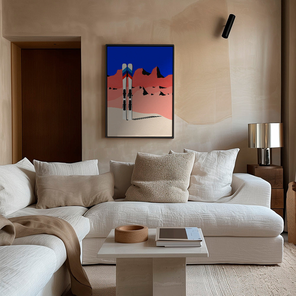 Sportovní obraz: lyže před geometrickým horským motivem – Canvas2