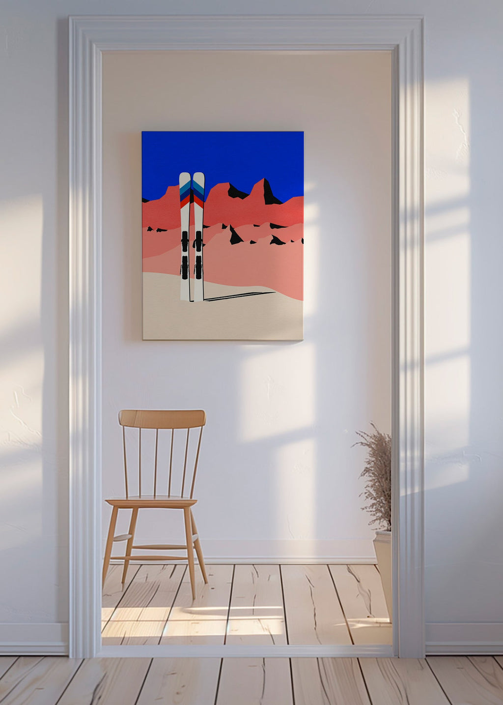 Sportovní obraz: lyže před geometrickým horským motivem – Canvas