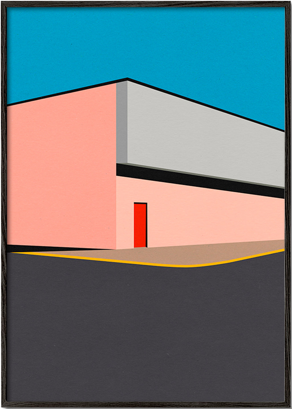 Minimalistická ilustrace fasády s červenými dveřmi – Black Frame