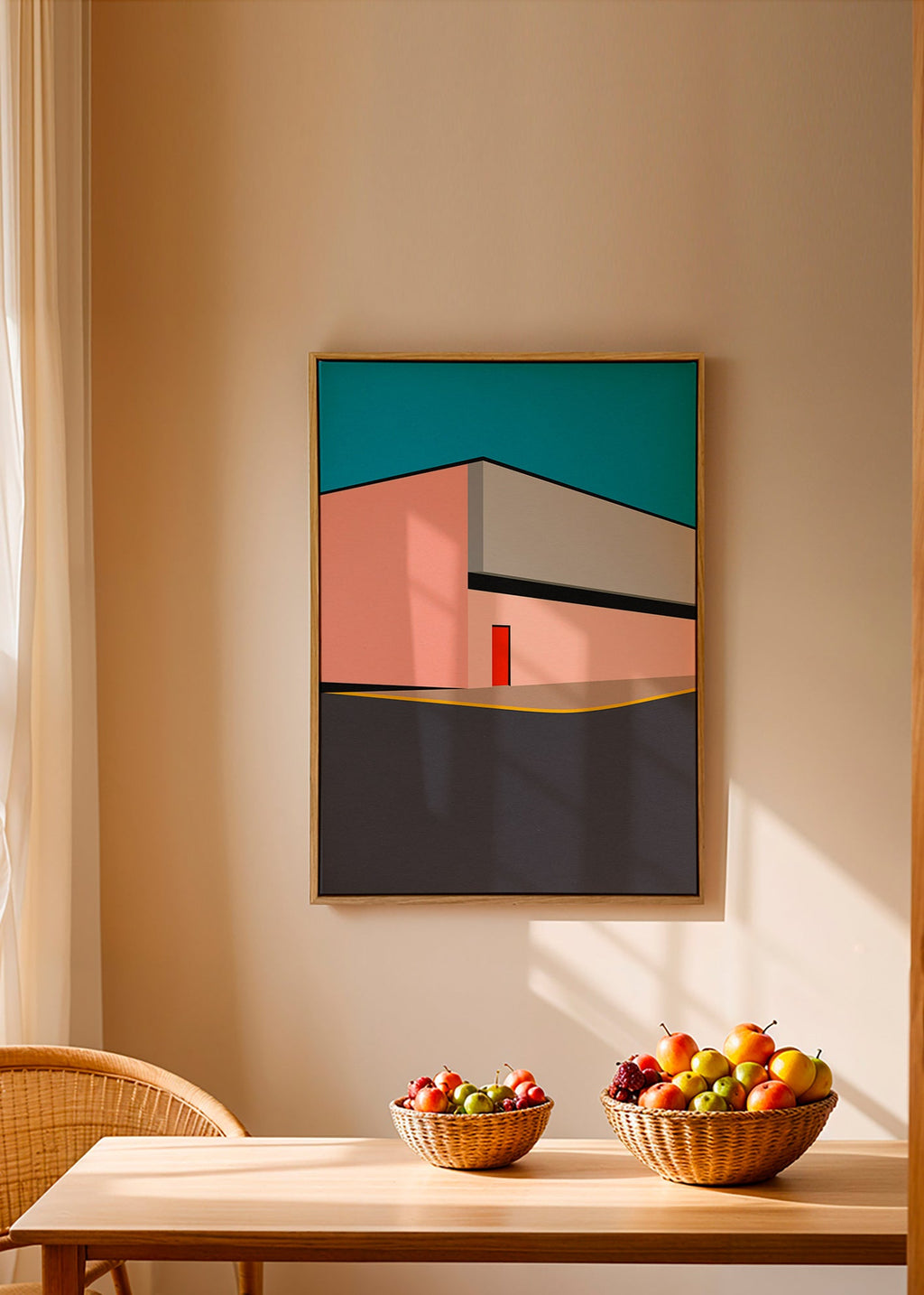 Minimalistická ilustrace fasády s červenými dveřmi – Canvas1