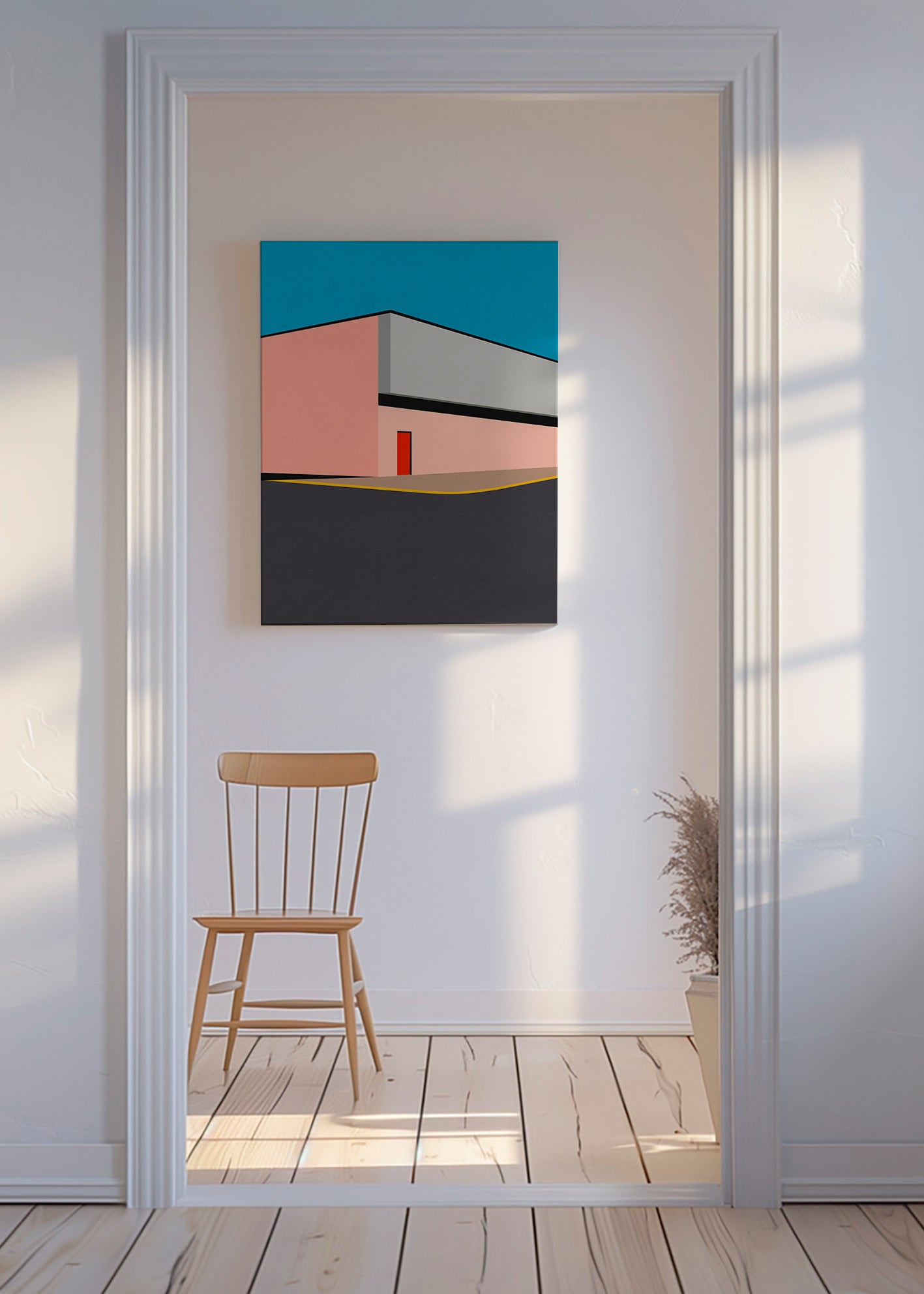 Minimalistická ilustrace fasády s červenými dveřmi – Canvas