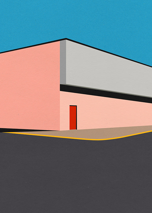 Minimalistická ilustrace fasády s červenými dveřmi