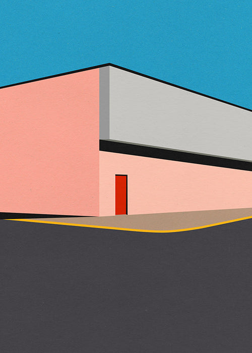 Minimalistická ilustrace fasády s červenými dveřmi