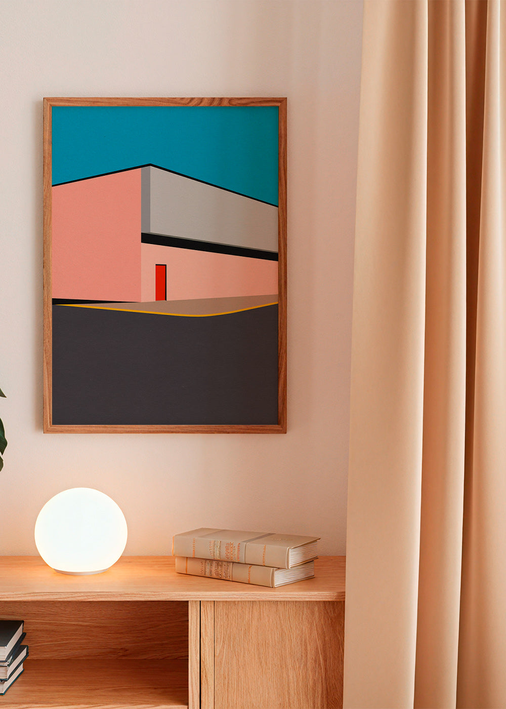 Minimalistická ilustrace fasády s červenými dveřmi – Product1