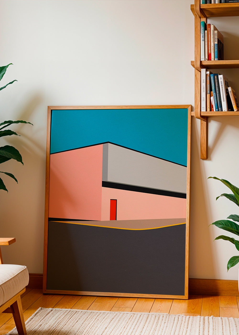 Minimalistická ilustrace fasády s červenými dveřmi – Product2