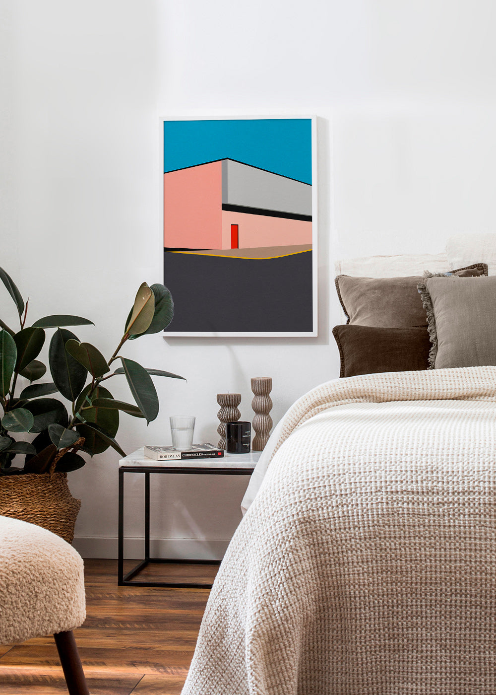 Minimalistická ilustrace fasády s červenými dveřmi – Product3