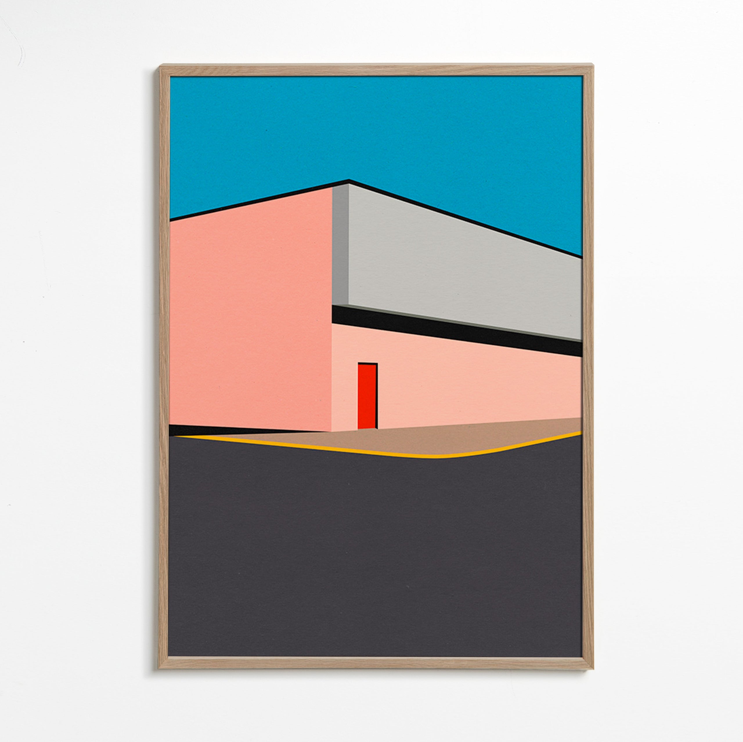 Minimalistická ilustrace fasády s červenými dveřmi – Oak Frame