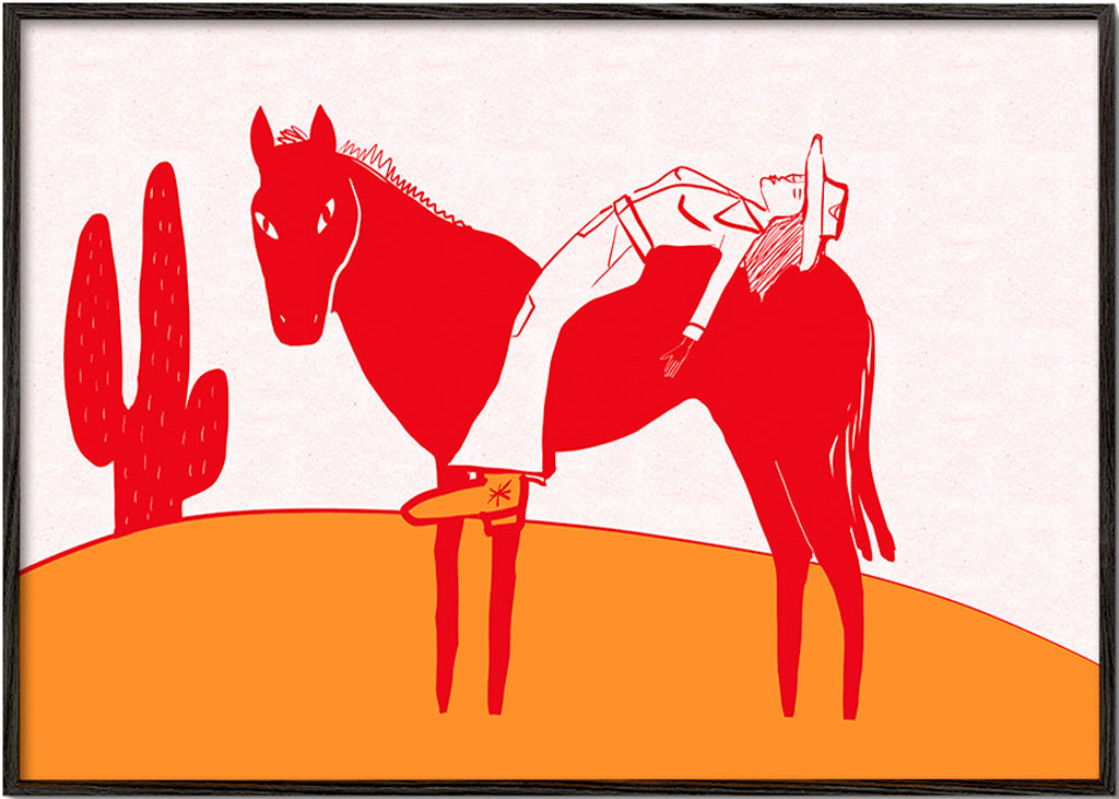 Obraz cowgirl odpočívající na červeném koni – Black Frame