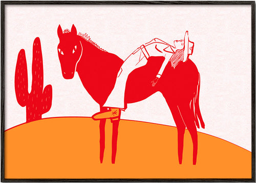 Obraz cowgirl odpočívající na červeném koni – Black Frame